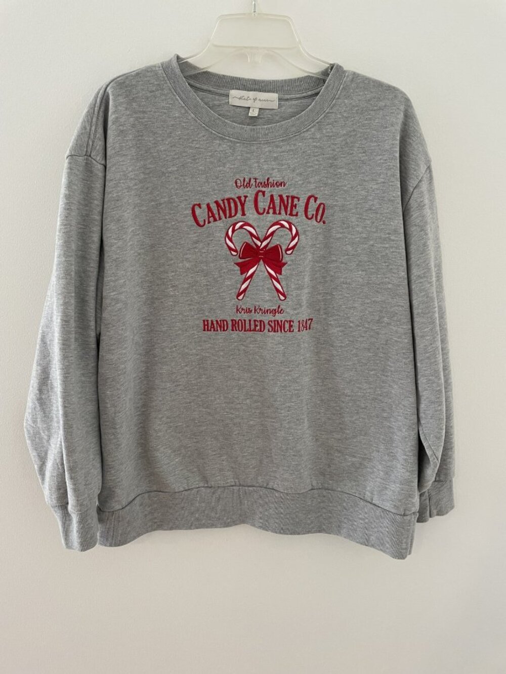 State of Mine Candy Cane theme holiday sweatshirt gray woman's Large